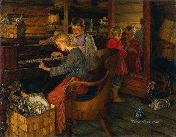 Nikolay Petrovich Bogdanov Belsky Painting - NIÑOS AL PIANO Nikolay Bogdanov Belsky
